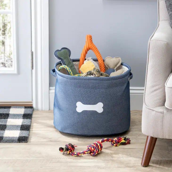 Washable basket filled with dog toys