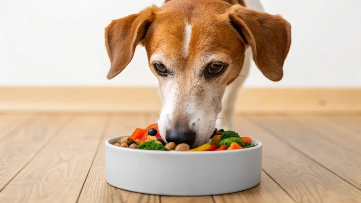 Senior dog eating healthy food bowl