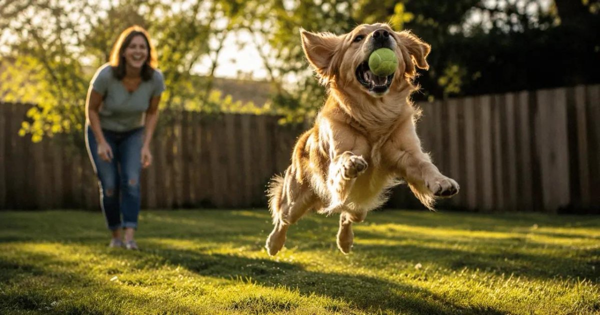 Dog playing fetch in summer garden