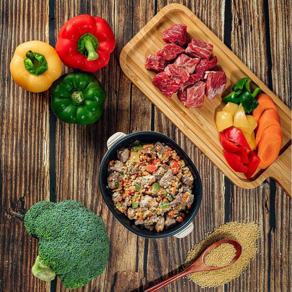 Beef rice and bell peppers dog food