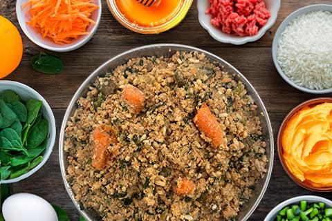 Beef rice and spinach dog food bowl