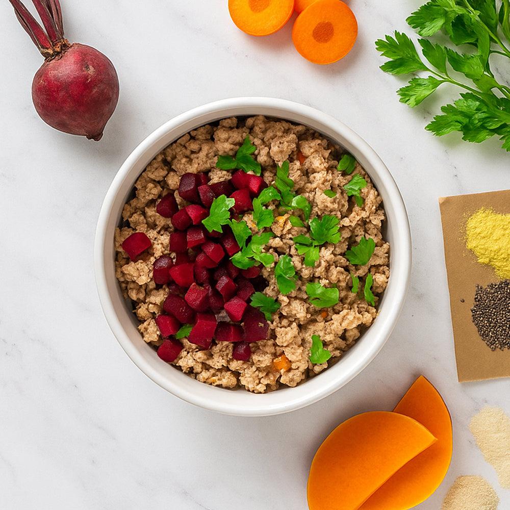 Beef rice and beetroot dog food