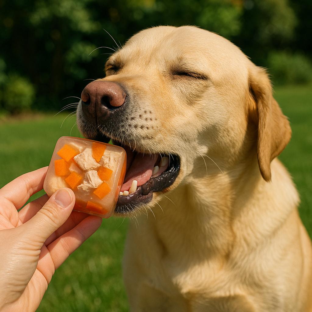 Happy dog eating frozen bone broth treat