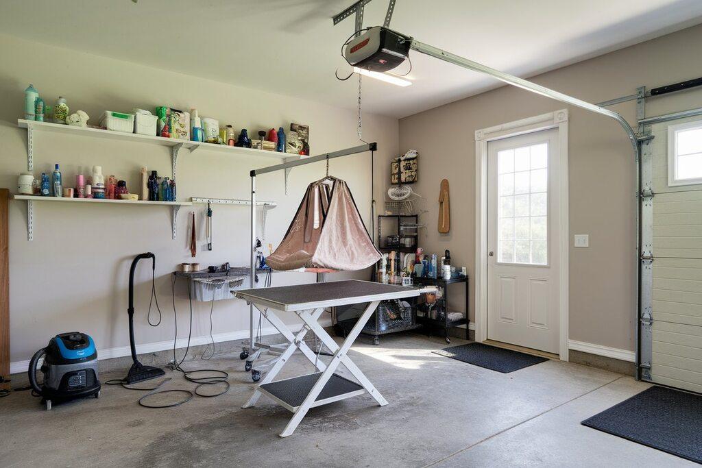 Bright clean garage grooming workspace