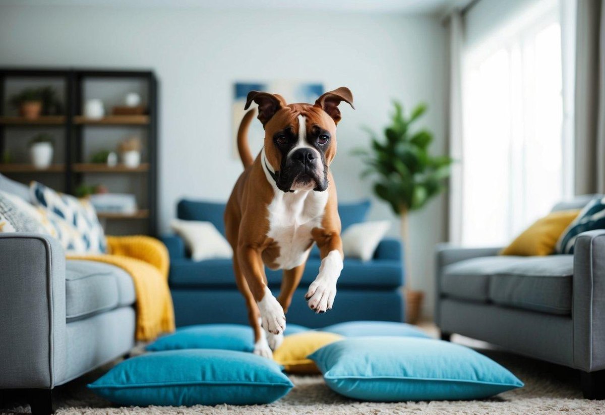 Dog jumping over cushions indoors