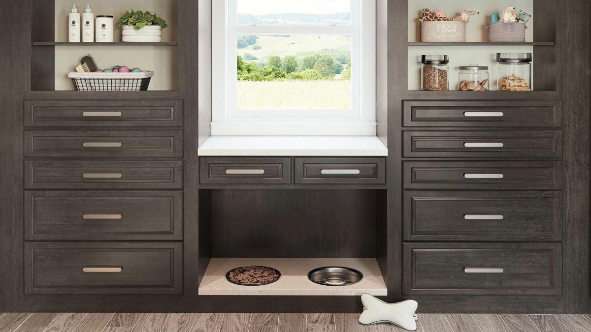 Built in cabinet storing dog supplies