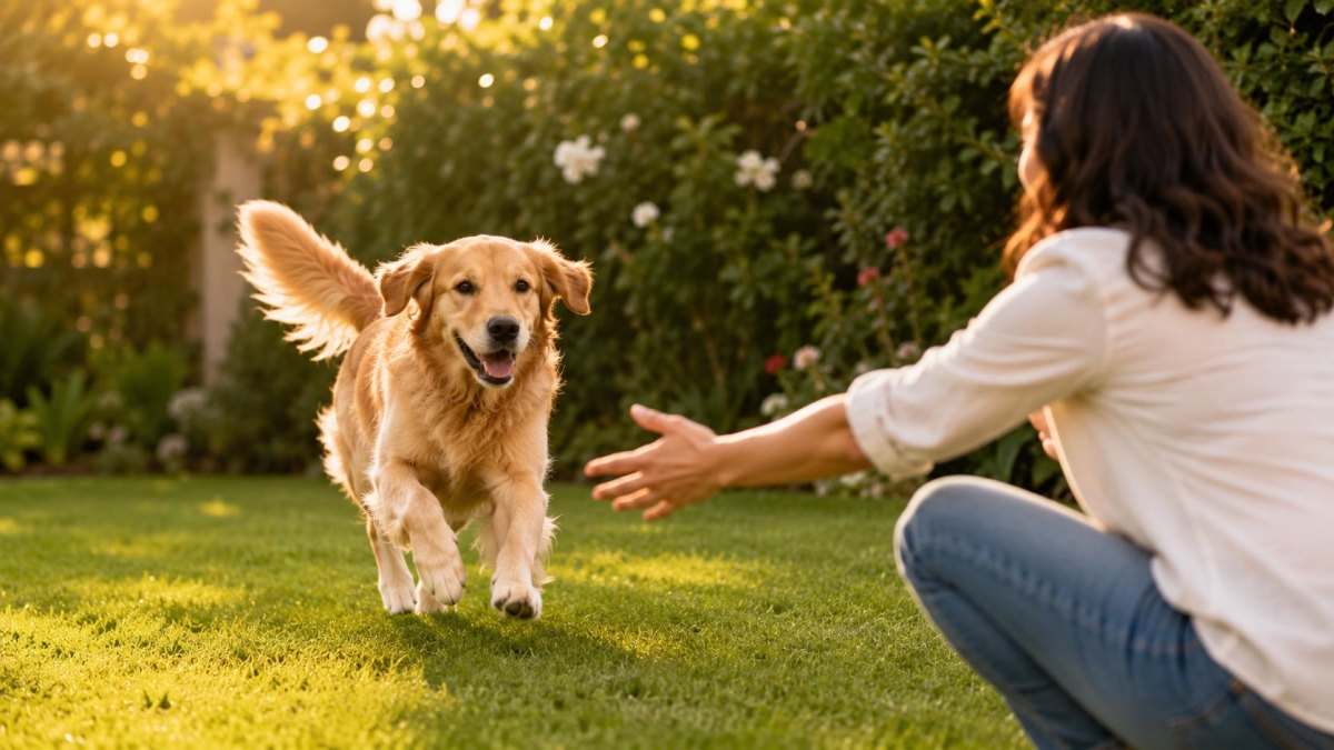 Puppy chasing owner outdoors