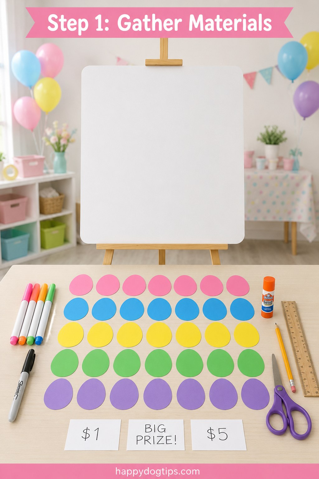 Craft supplies laid out for a homemade chicken egg toss game, including coloured egg circles and markers.