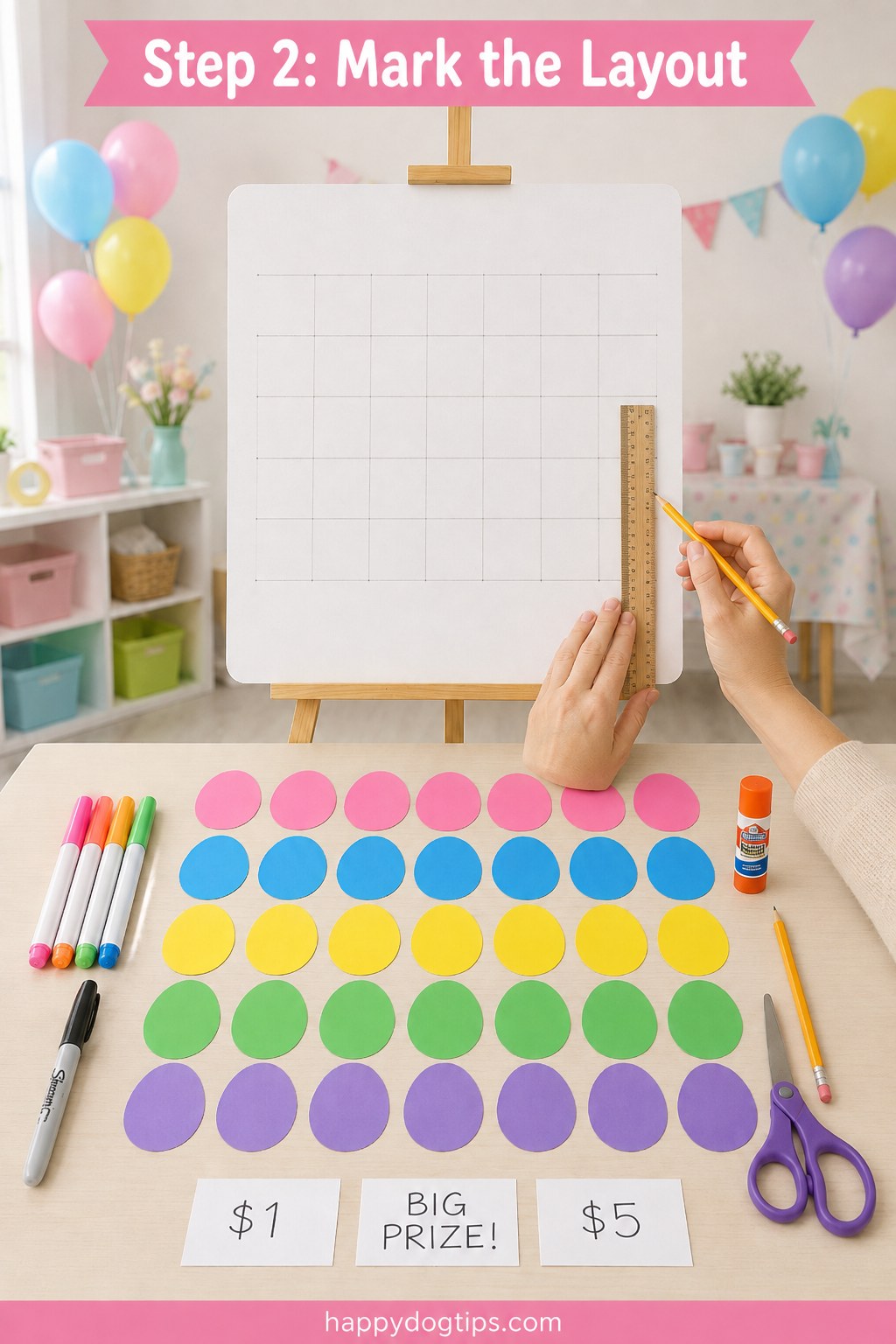 Marking a pencil grid on blank poster board before building a chicken egg toss game display.