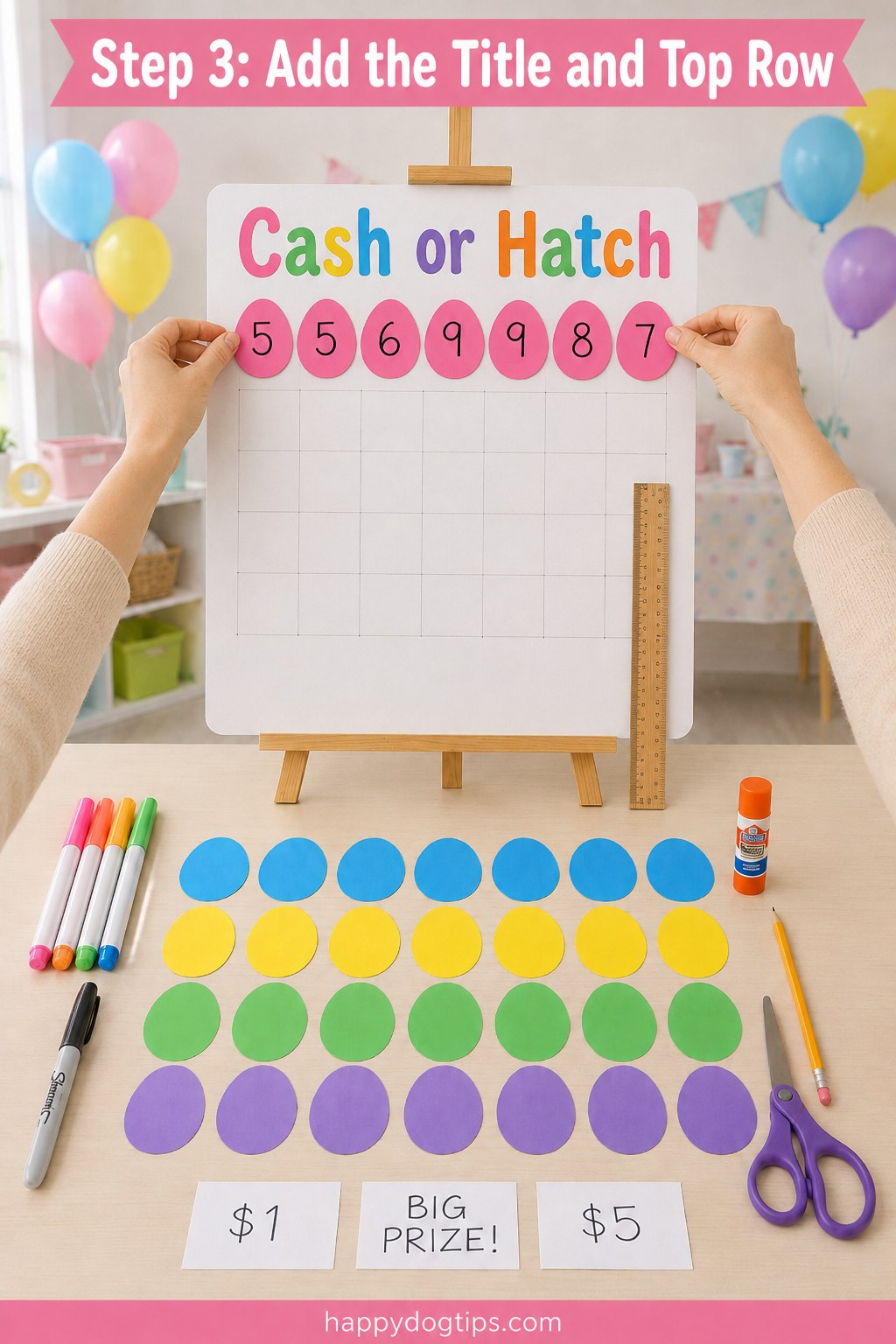 Adding the Cash or Hatch title and top pink row while assembling this chicken egg toss game.