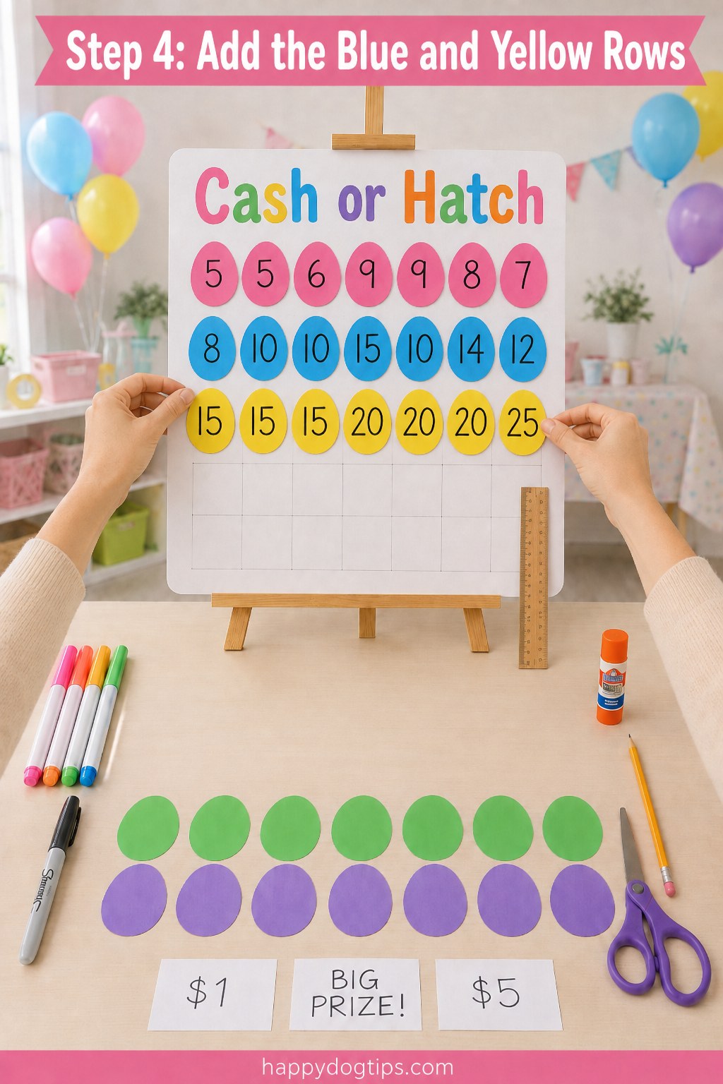 Gluing blue and yellow number rows onto the growing chicken egg toss game board.