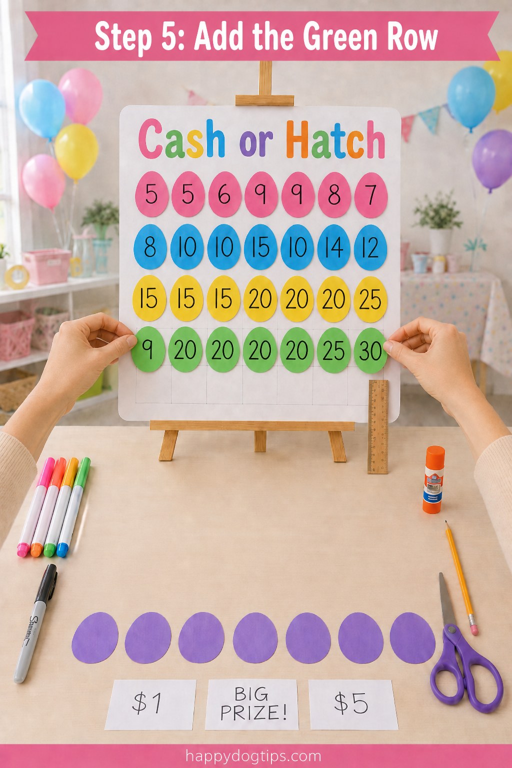 Placing the green row of numbered eggs on the chicken egg toss game before the final row.