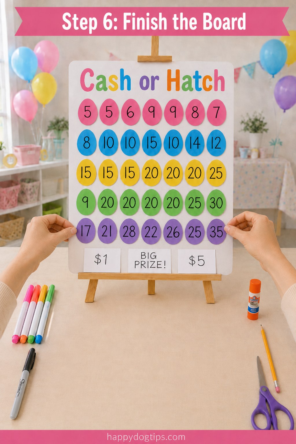 The finished number board for a chicken egg toss game, with all five coloured rows in place.