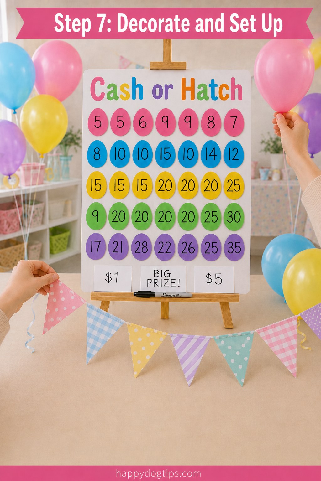 Decorating the chicken egg toss game with pastel bunting and balloons for party day.