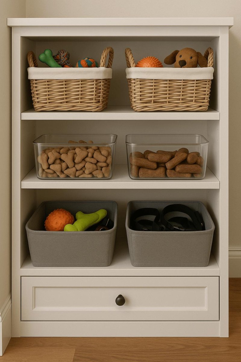Closet shelves organised with dog toys