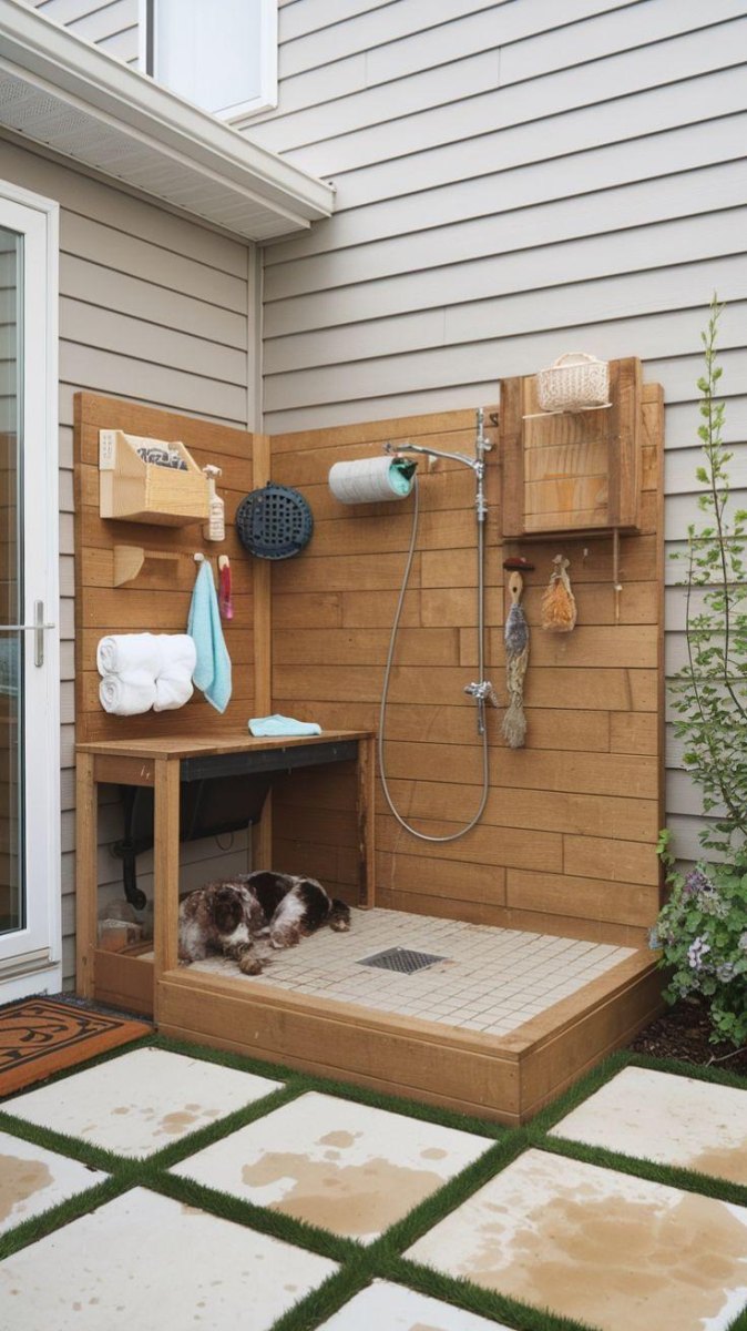 Compact backyard dog wash corner