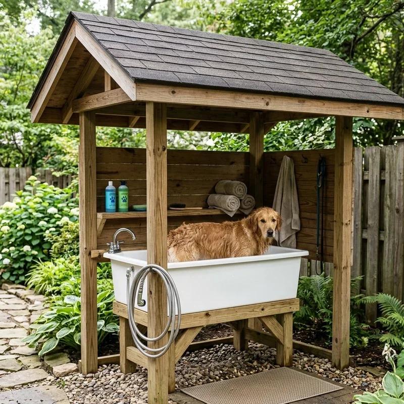 Covered outdoor dog shower station