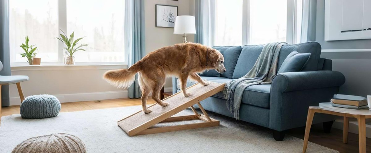 Senior dog using ramp at home