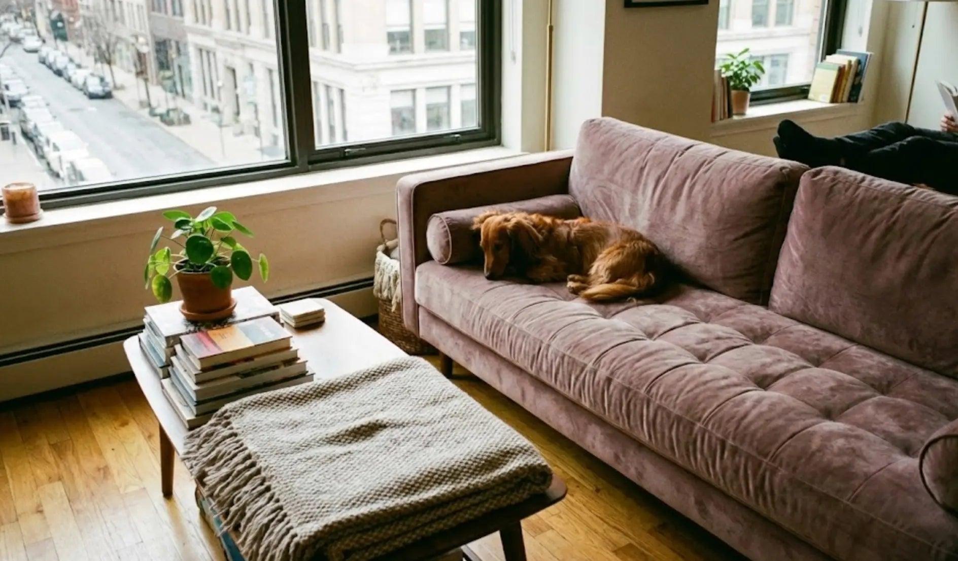 Dachshund resting on furniture in a compact apartment space