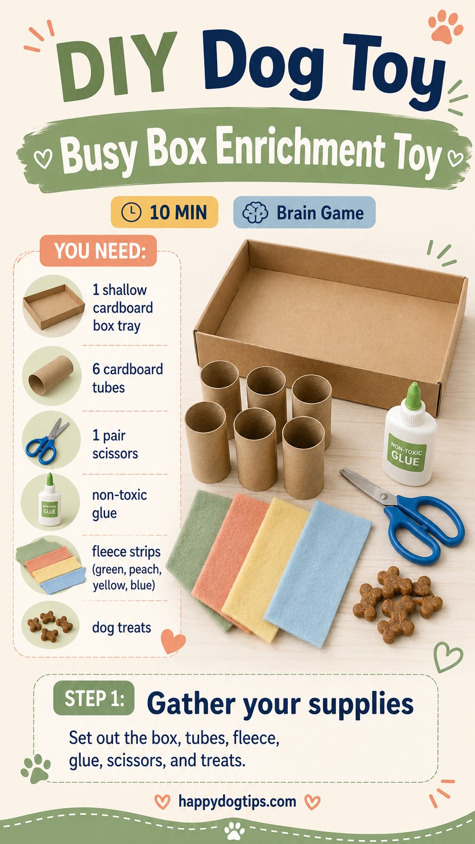 Gathering cardboard tubes, fleece strips and glue to build a DIY busy box enrichment toy