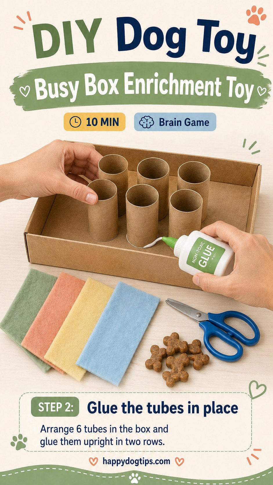 Gluing six cardboard tubes upright inside the tray for a DIY busy box enrichment toy
