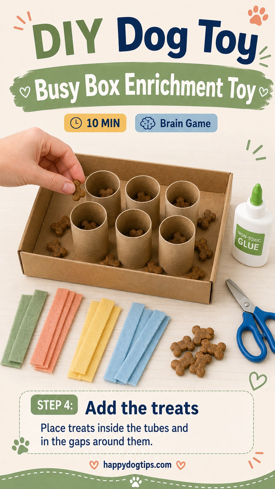 Dropping dog treats into the tubes of a homemade DIY busy box enrichment toy