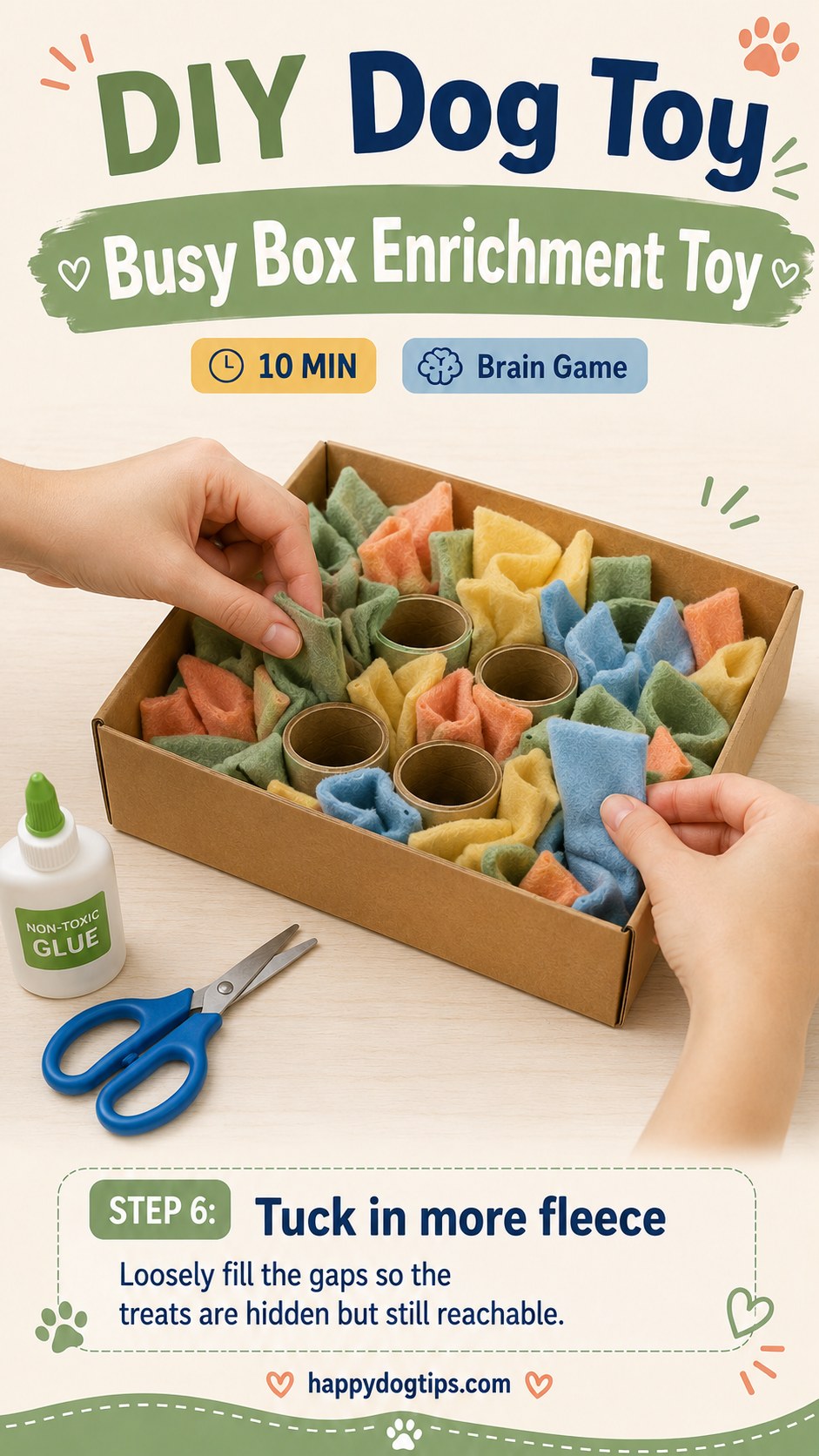 Tucking extra fleece into the gaps of the DIY busy box enrichment toy so treats stay hidden