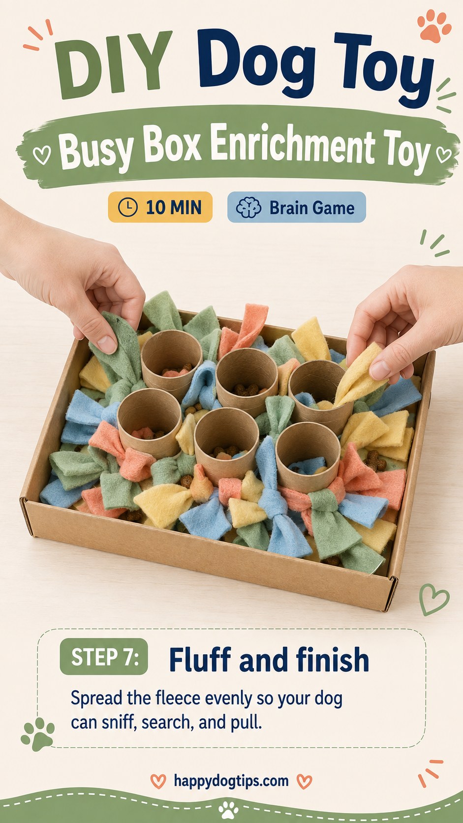 Fluffing the fleece on the finished DIY busy box enrichment toy for sniffing and searching