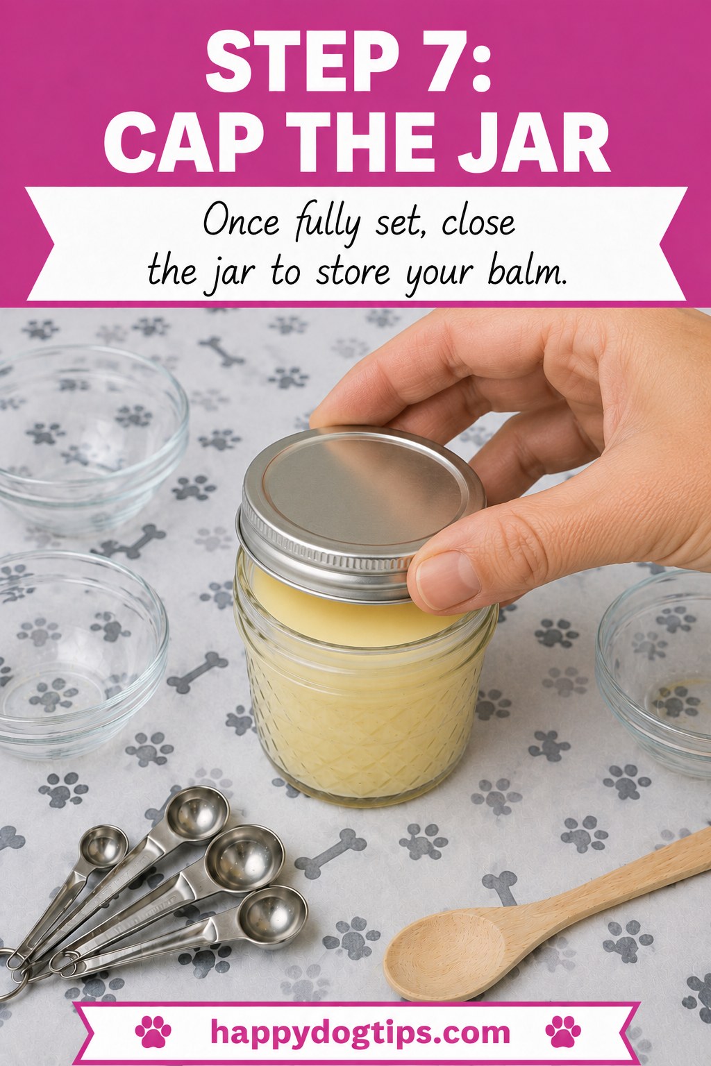 Hand capping a set jar of finished homemade dog paw balm ready for storage