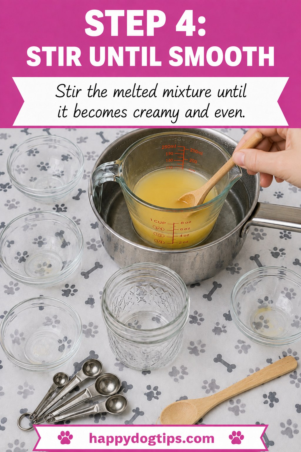 Stirring the melted mixture until smooth during the DIY dog paw balm making process