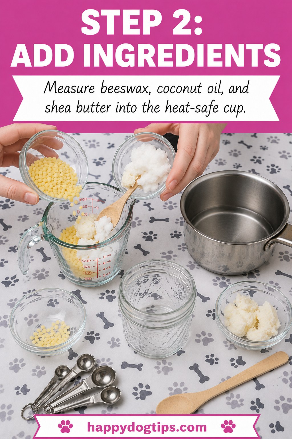 Hands measuring beeswax, coconut oil and shea butter into a glass jug for DIY dog paw balm