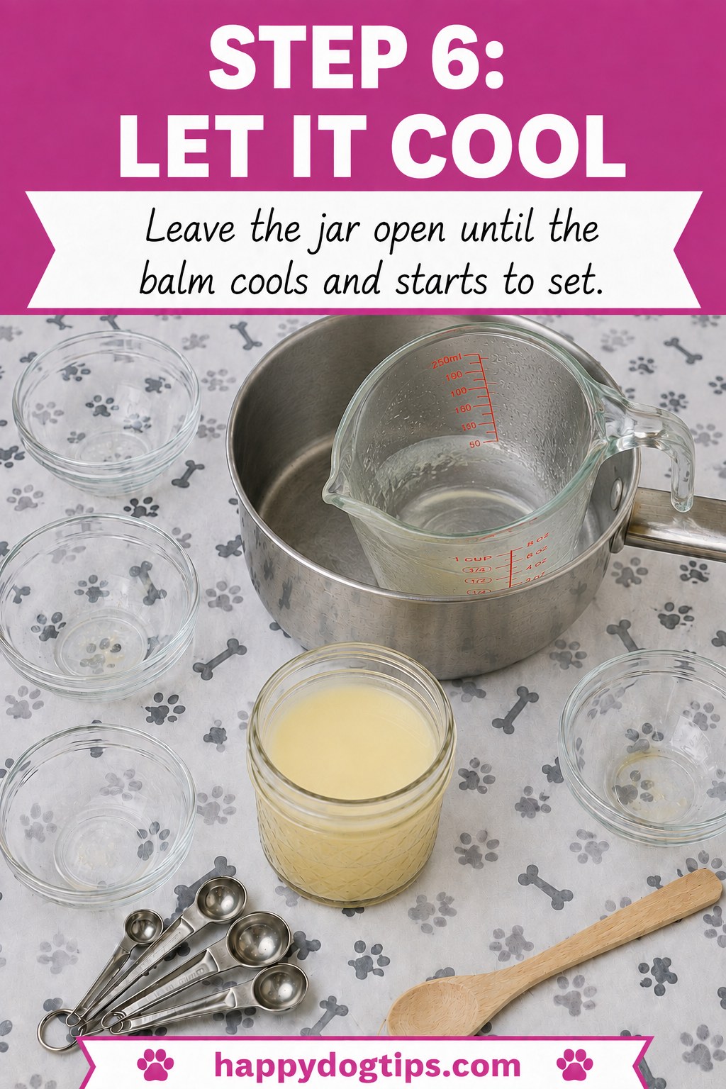 Freshly poured DIY dog paw balm cooling and setting in an open glass jar on the counter