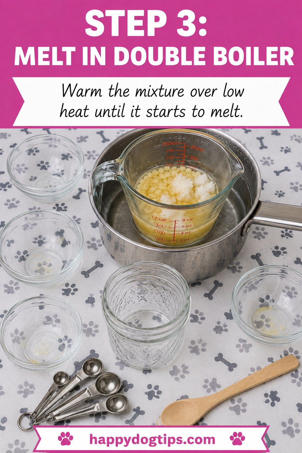 Glass jug of beeswax and coconut oil melting in a double boiler while making dog paw balm