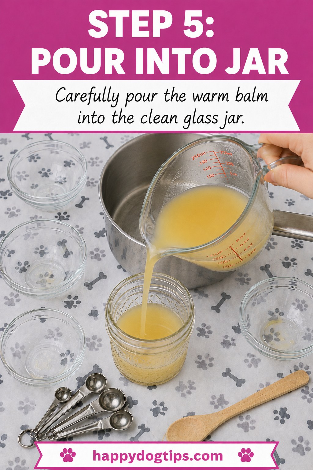 Pouring warm golden DIY dog paw balm from a glass jug into a small mason jar