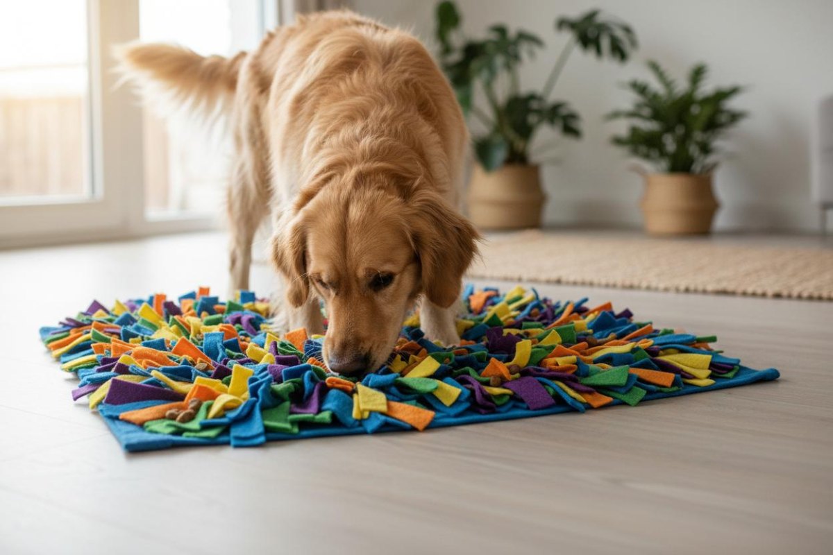 Dog using snuffle mat indoors