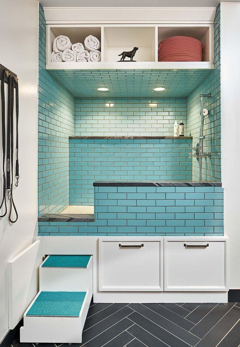 Dog wash station storage shelves