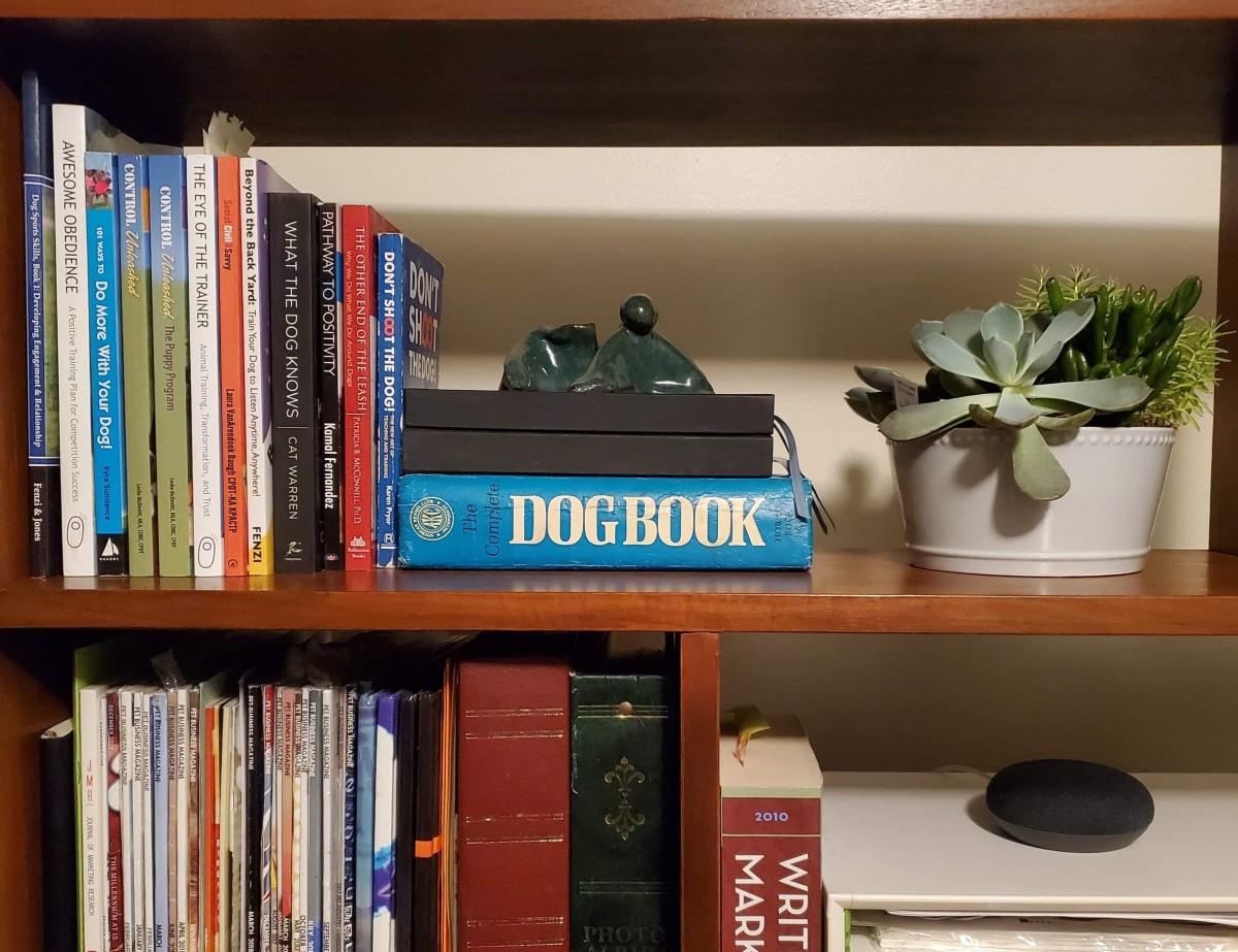 Dog care books on storage shelf