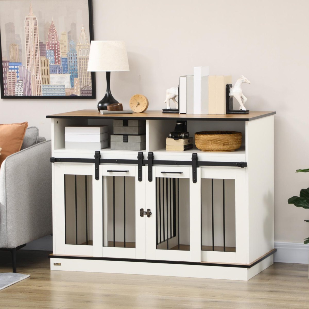 Dog crate sliding door furniture