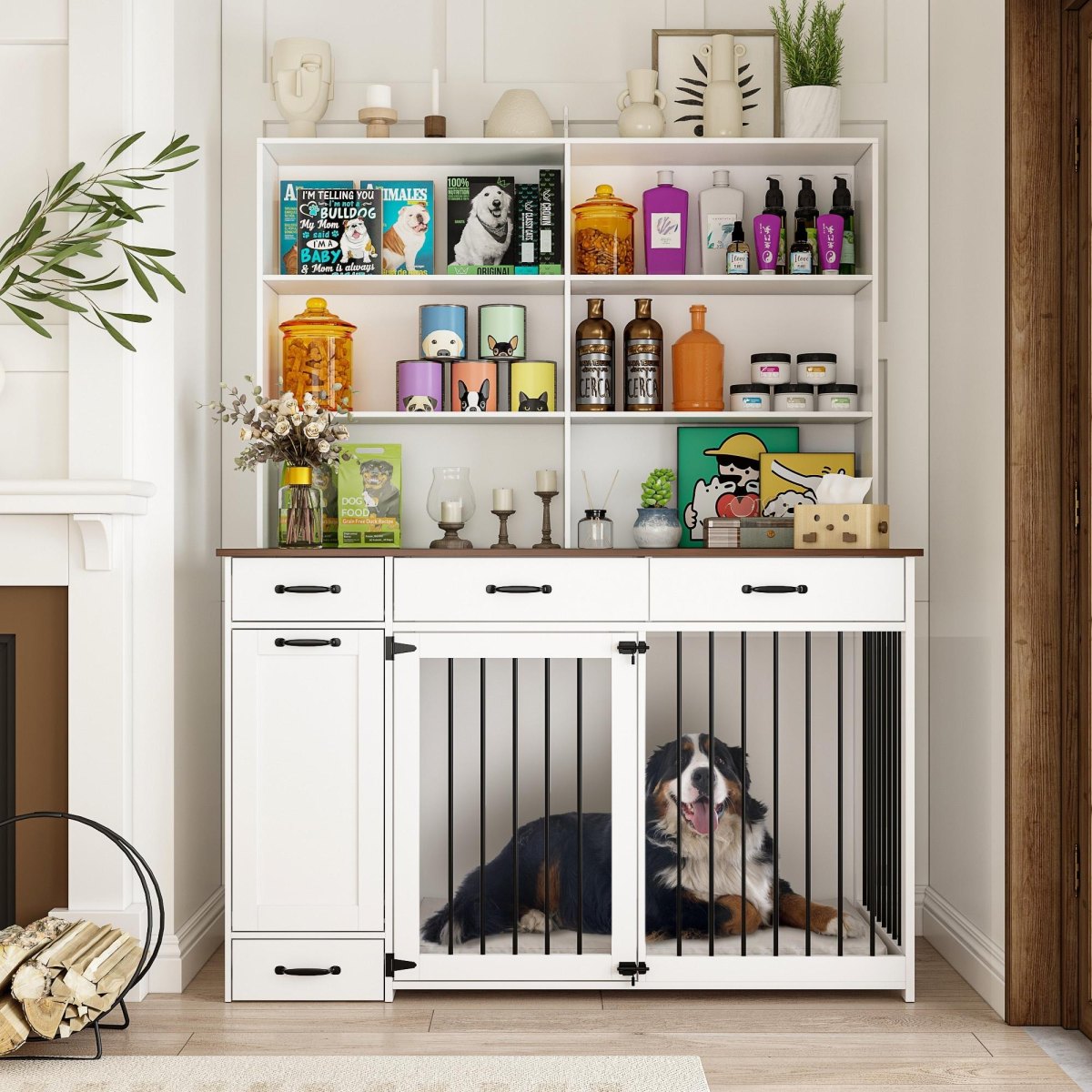 Dog crate area with storage shelves