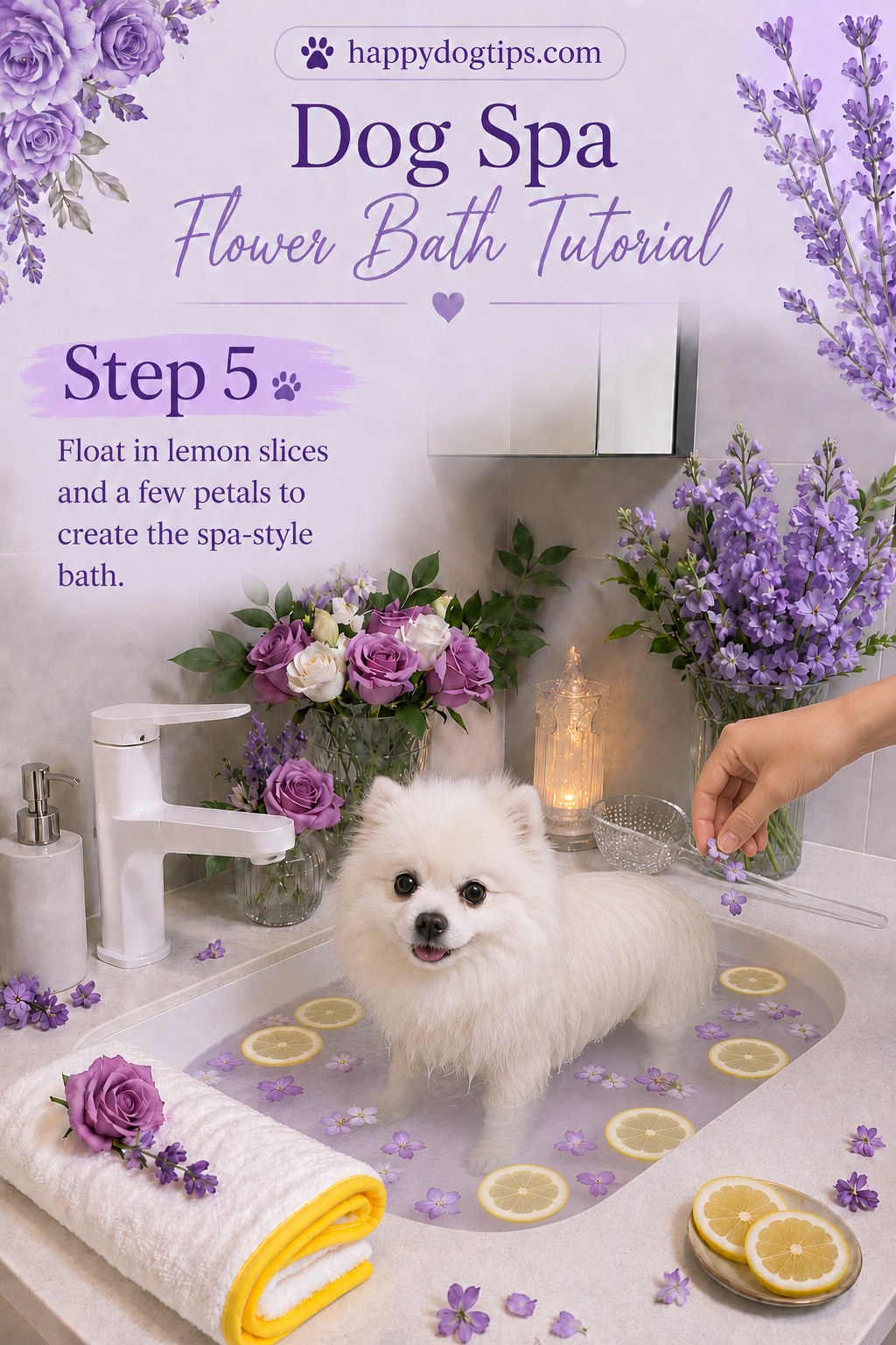 Lemon slices and petals floated in the water to create the look of a dog spa bath with flowers