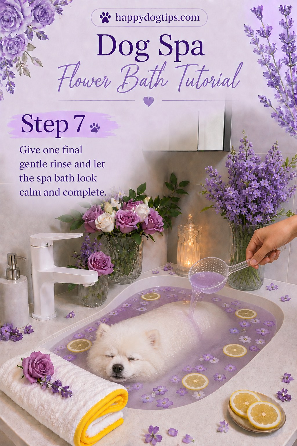 A final gentle rinse being poured over a calm dog during a dog spa bath with flowers finishing touch