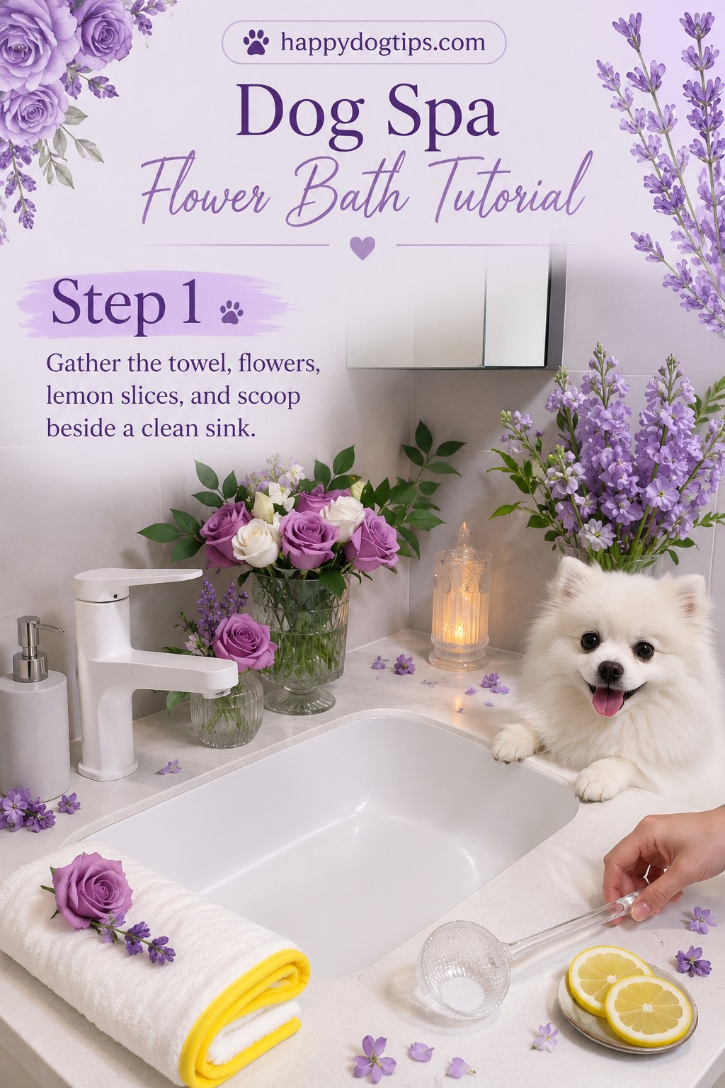 Towel, roses, lavender and lemon slices laid out for a dog spa bath with flowers beside a clean sink