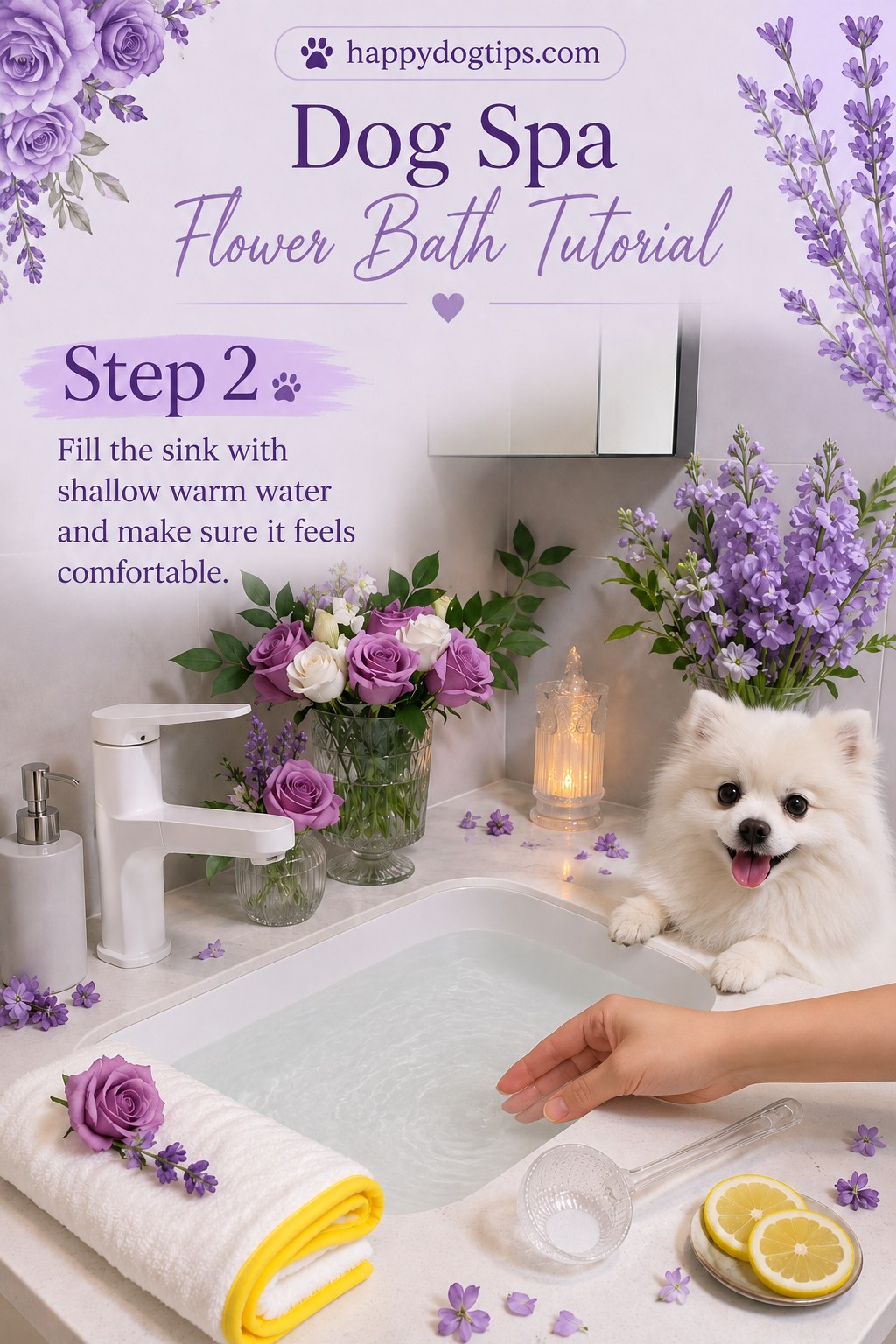 Warm shallow water filling the sink ready for a dog spa bath with flowers and lemon slices