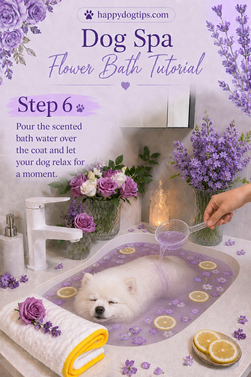 Scented bath water poured over a relaxed dog's coat mid dog spa bath with flowers and lemon