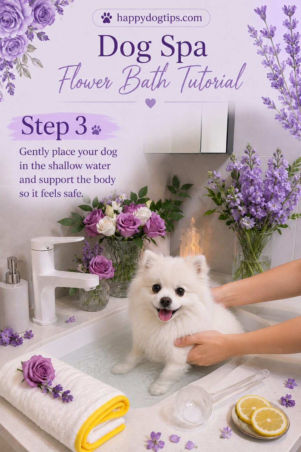 A small white dog gently supported and placed into shallow water for a dog spa bath with flowers