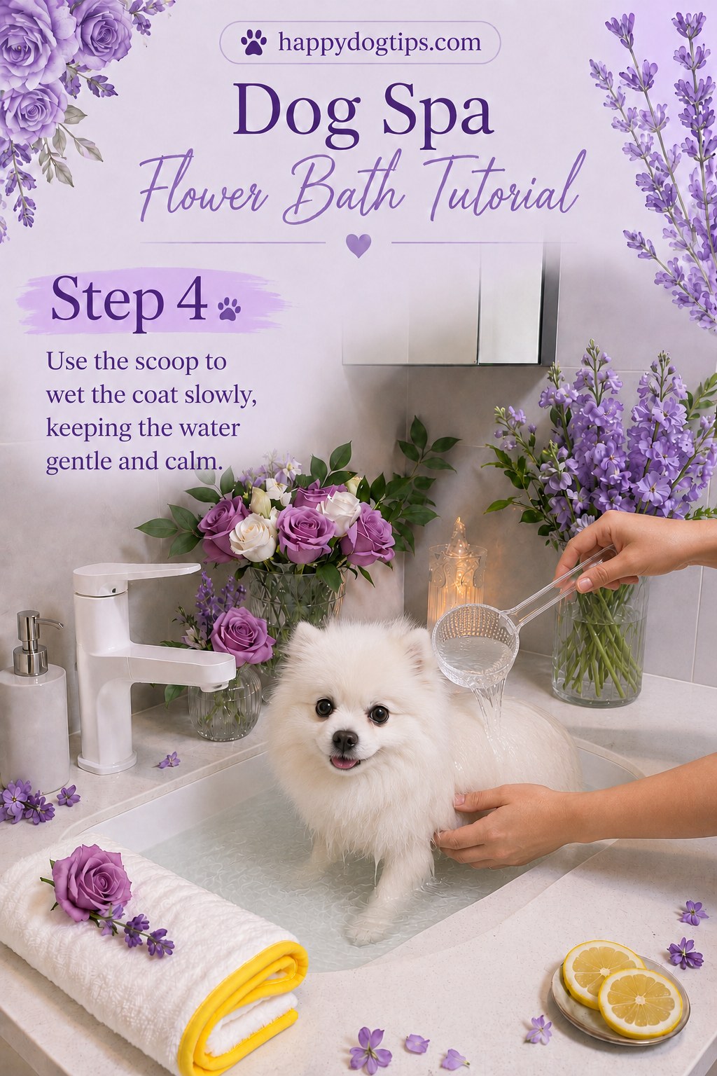 Scooping warm water slowly over a fluffy white coat during a calm dog spa bath with flowers