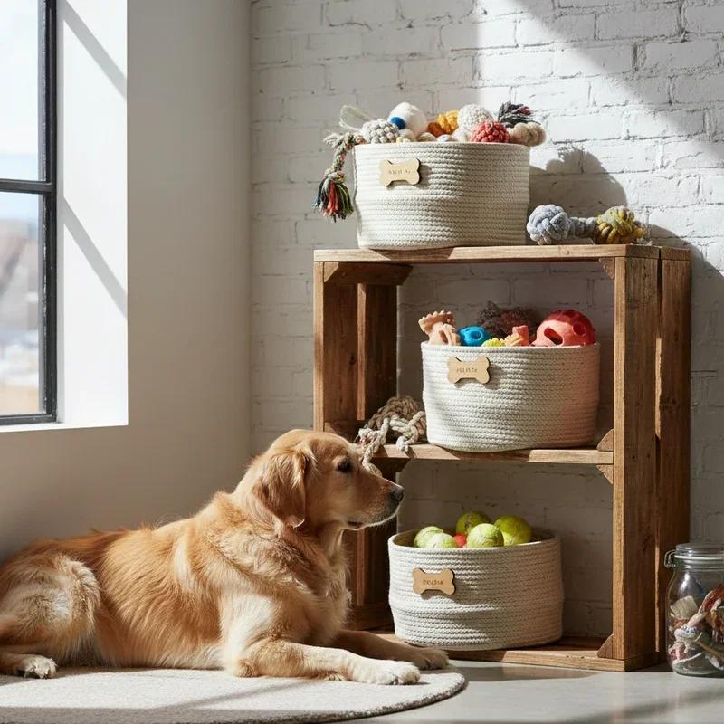 Dog toys organised in storage bins