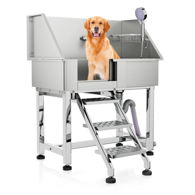 Dog wash station with built in steps