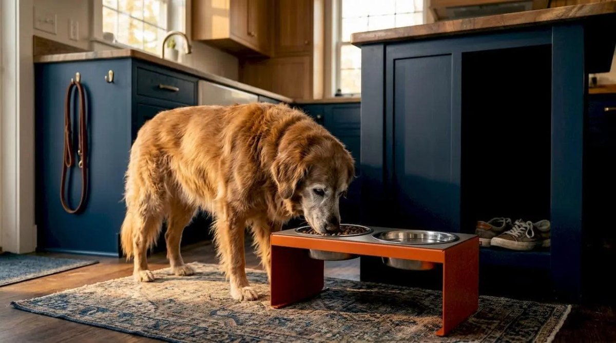 Senior dog eating from accessible bowls