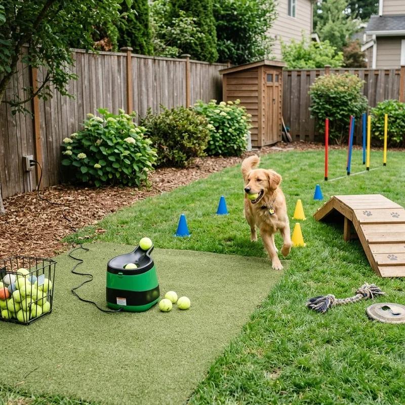 Dog fetching ball in garden area
